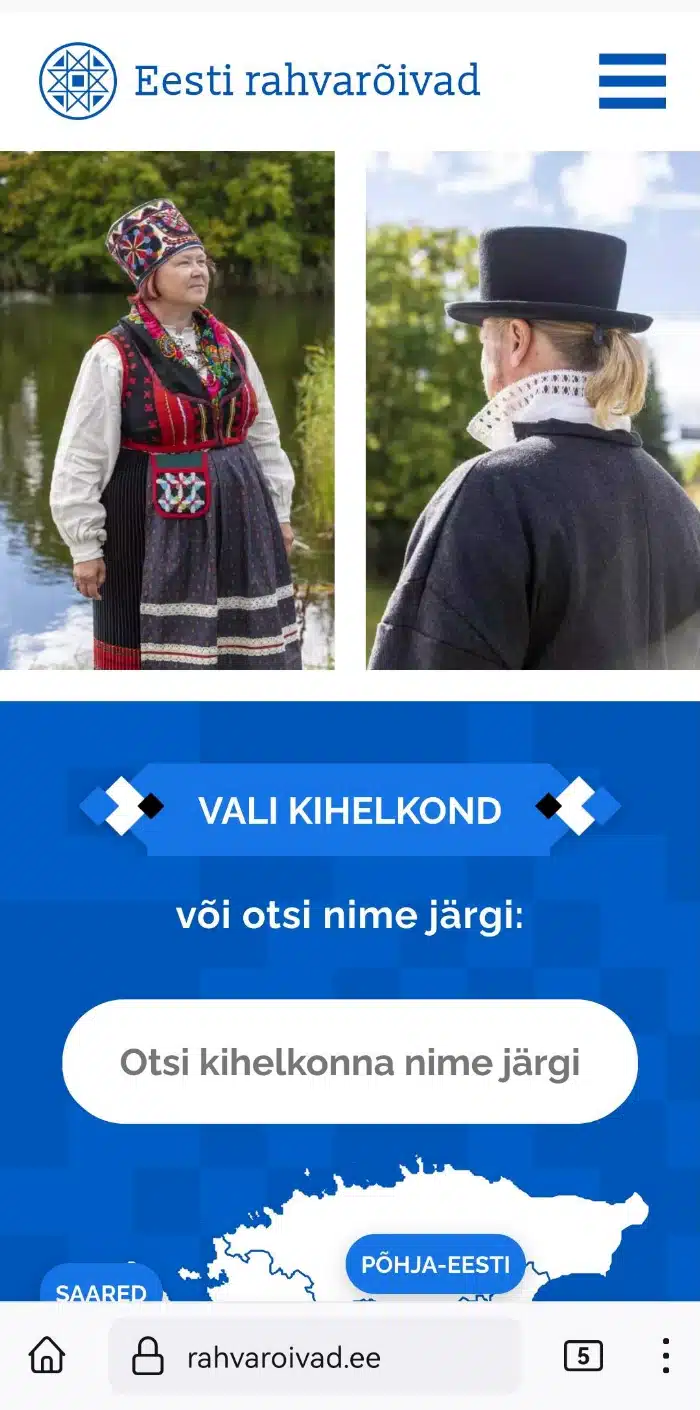 Uuenes veebilehe Eesti Rahvarõivad mobiilivaade